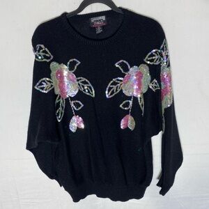 Vintage Bubbles Black Knit Sweater W Pink Sequin Flowers Cottagecore Grannycore